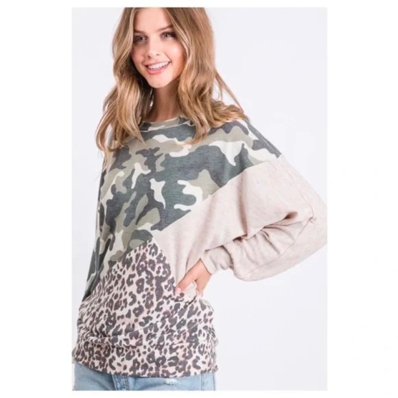 New!! Leopard Camo Dolman Sleeve Top - Picture 2 of 9